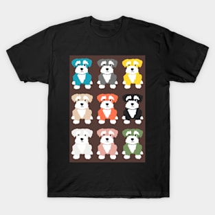 Rainbow of Miniature Schnauzer Dogs on Chocolate Brown  Background T-Shirt